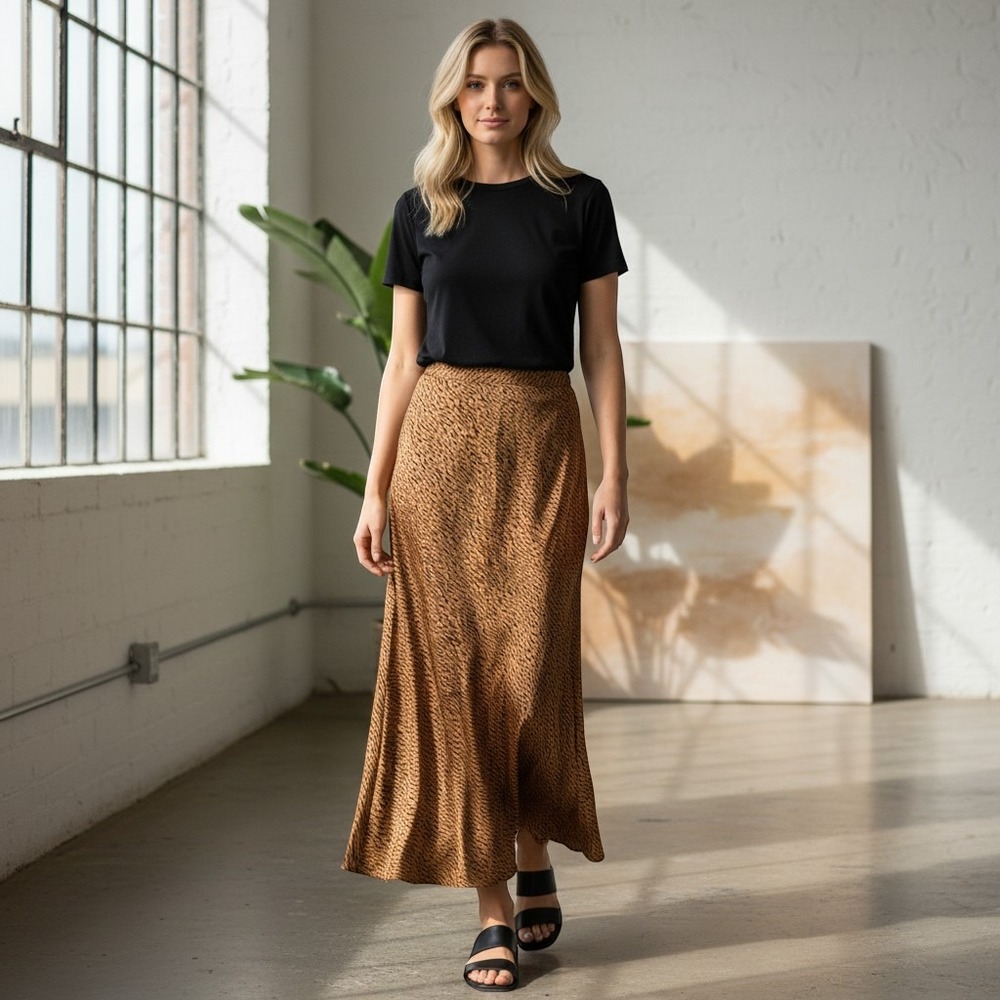 Banana Republic Maxi Skirt Womens 12 Brown Excellent Animal Print Tiger A-Line